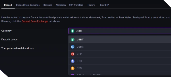 Depósito com criptomoedas ou cartão bancário