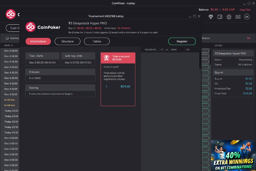 Escolha eventos e buy in
