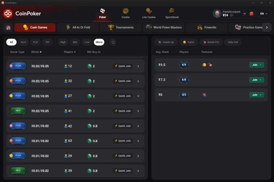 Cash games de PLO5 6-Max