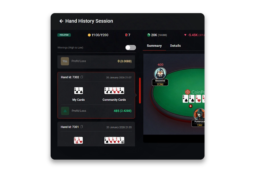 Histórico de mãos e repetições