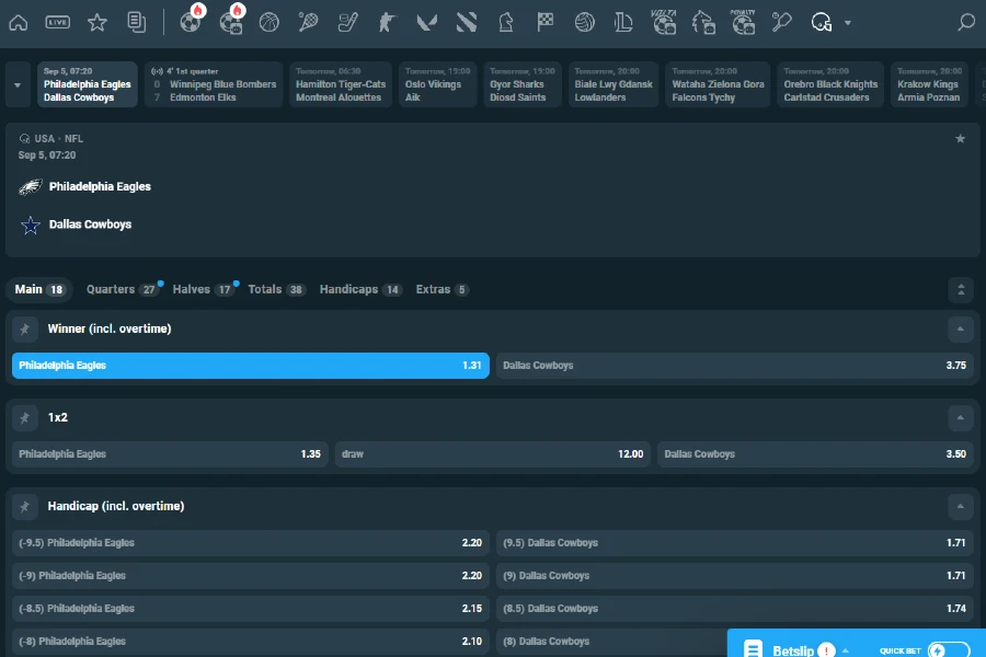 Uma captura de tela mostra vários mercados da NFL para uma partida específica de futebol americano.